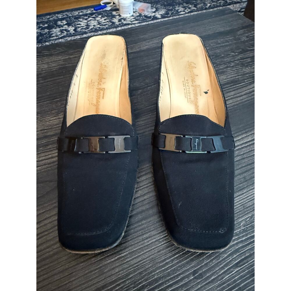 Vintage Salvatore Ferragamo Boutique Gunmetal Buckle Kitten Mules
